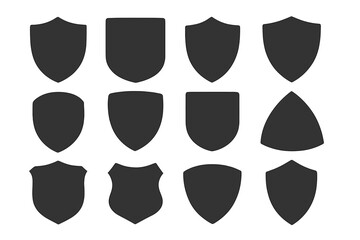 Shield silhouette icons set heraldic medieval military protection symbols flat black vector badges emblems insignia knightly armor defense security logo elements