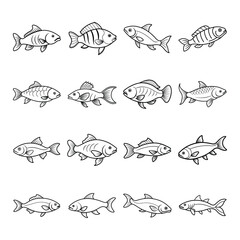 Collection of diverse cartoon fish illustrations in black and white