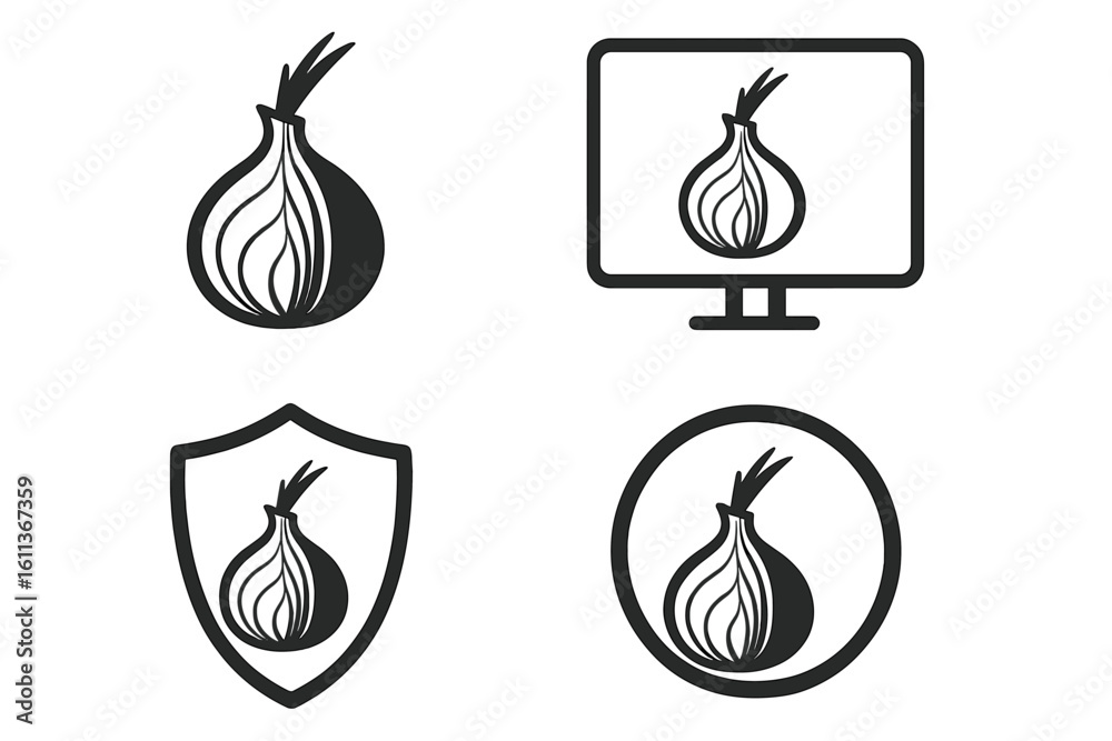 Fototapete onion privacy security technology web icons set outline linear style. computer screen shield circle 