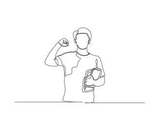 Young man holding books in single outline illustration. Continuous line art drawing of student holding books.