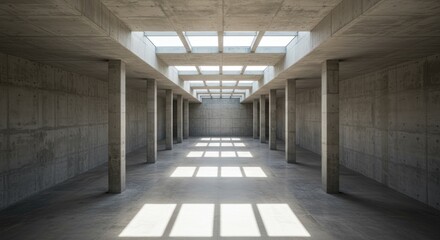 Long, minimalist concrete corridor bathed in sunlight filtering through rectangular skylights.