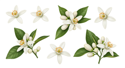 Detailed illustration of orange blossom flowers and green leaves Isolated on transparent background