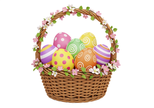 Easter basket filled with decorated eggs and adorned with springtime blossoms Isolated on transparent background - Powered by Adobe