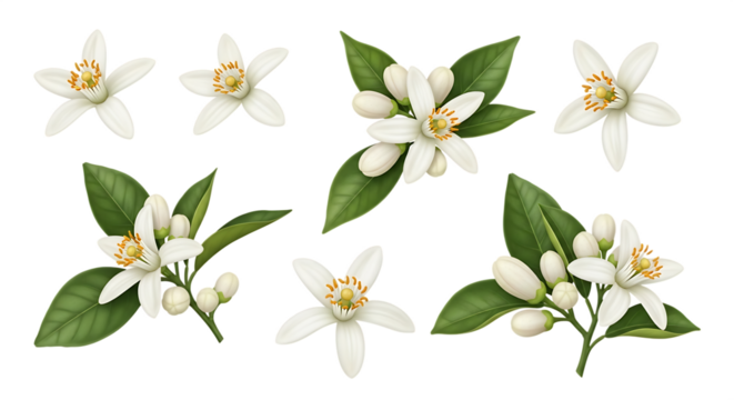 Detailed illustration of orange blossom flowers and green leaves Isolated on transparent background