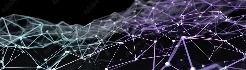 Poster abstract digital network of interconnected nodes and lines forming a futuristic, glowing mesh on a d