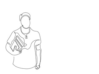Young man holding books in single outline illustration. Continuous line art drawing of student holding books.