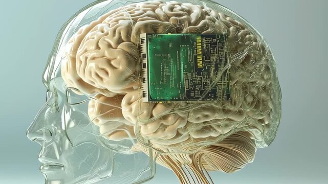 Model of human skull and brain inside glass case with high tech CPU AI computer chip embedded in the brain, representing human enhancement and the future of human and machine intelligence