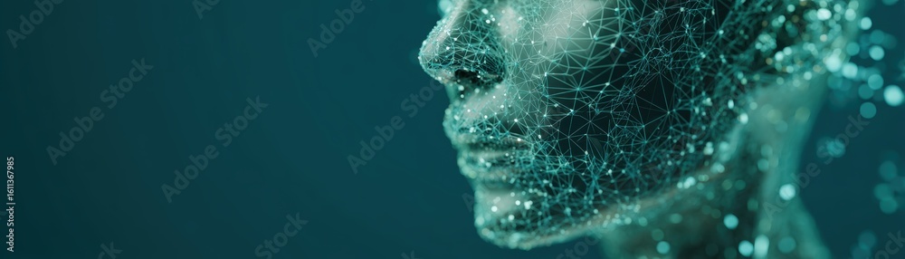 Poster a digital wireframe of a human face with glowing nodes and connecting lines, symbolizing technology 