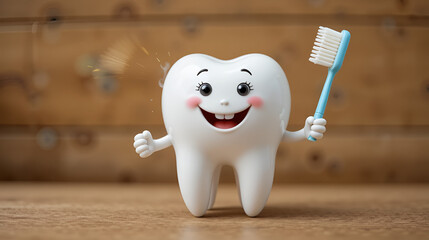 Smiling white tooth holding a toothbrush, ideal for kids dental hygiene education,