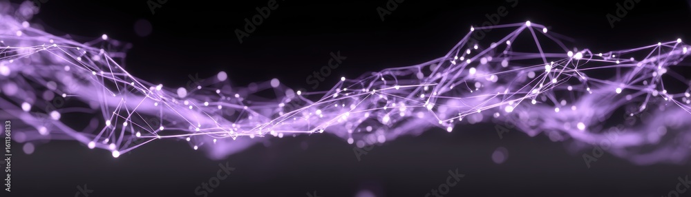 Poster abstract purple network of interconnected nodes and lines, symbolizing digital connections and data 
