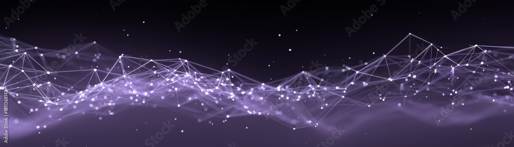 Poster abstract purple digital network with interconnected nodes and lines forming a wave-like structure on