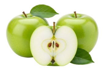 Fresh green apples with a half-cut showing the inner structure Isolated on transparent background