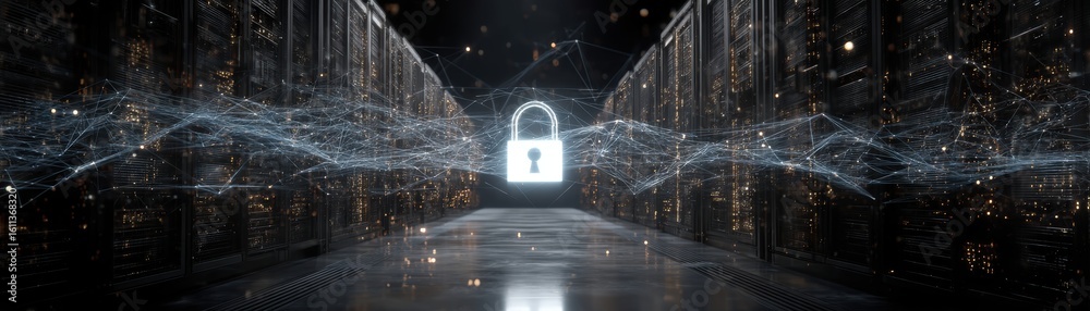 Poster a glowing padlock icon symbolizes cybersecurity amidst server racks with digital connection lines re