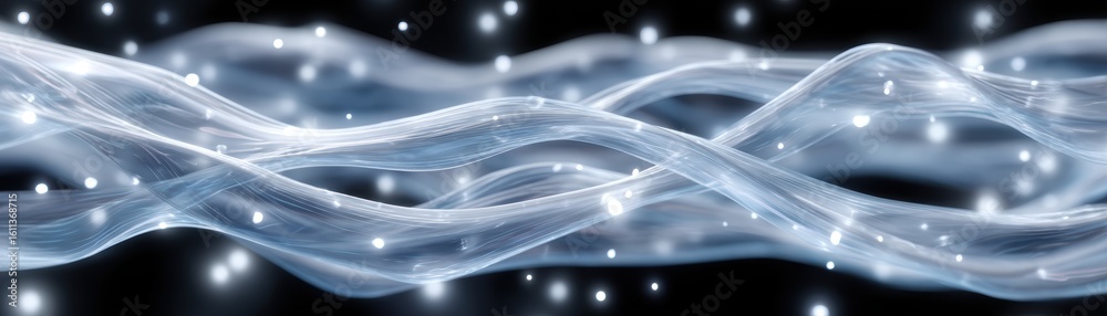 Poster abstract digital waves flow smoothly with glowing particles, creating a futuristic and dynamic visua