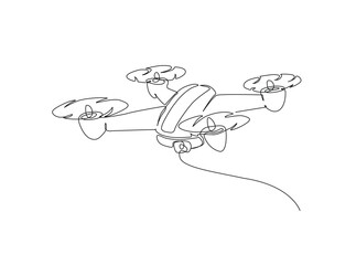 Flying drone aircraft in single outline illustration. Continuous line art drawing of drone fly.