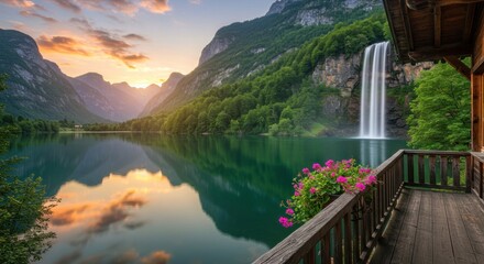 Scenic view of a mountain lake, waterfall, and wooden balcony at sunset.