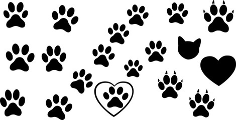 Fototapeta premium Pet paw editable stroke. footprints Pet paw, Heart with pet paw print dog cat icon, vector illustration