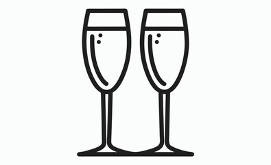 Champagne glasses icon, celebration toast silhouette, sparkling wine graphic, Two glasses of champagne and bubbles