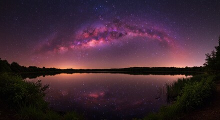 A tranquil lake reflecting a vibrant Milky Way galaxy at night.
