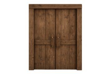 Metal-reinforced medieval wooden double door, closed and rendered in 3d, standing against transparent backdrop