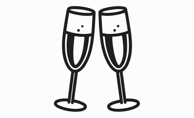 Champagne glasses icon, celebration toast silhouette, sparkling wine graphic, Two glasses of champagne and bubbles