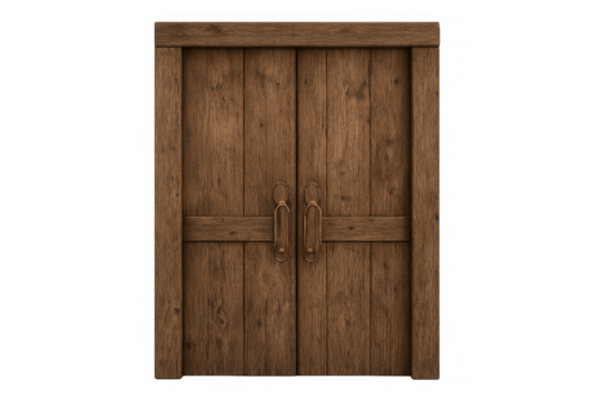 Metal-reinforced medieval wooden double door, closed and rendered in 3d, standing against transparent backdrop