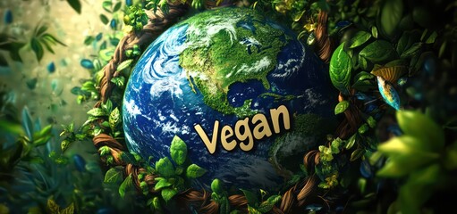 Realistic Earth illustration entwined with green plants and a clear "Vegan" sign

