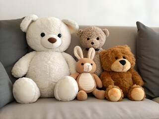 Adorable Plush Toys on a Beige Couch