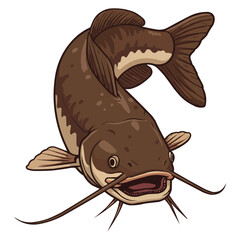 Brown Catfish Illustration with Whiskers and Open Mouth