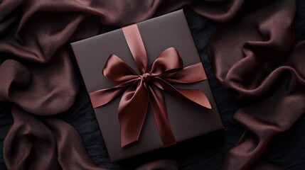 Dark brown gift box with maroon ribbon on dark fabric.