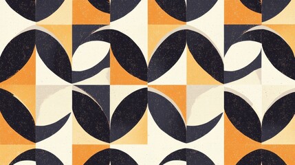 Abstract geometric pattern with orange, beige, and black curved shapes in a repeating grid.