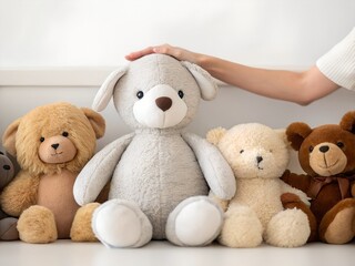 Hand Gently Touching a Grey Plush Dog Amidst a Row of Teddy Bears Against a White Background