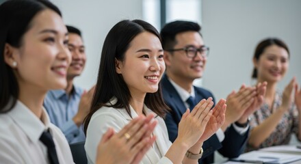 A diverse group of professionals enthusiastically clapping in a meeting room.