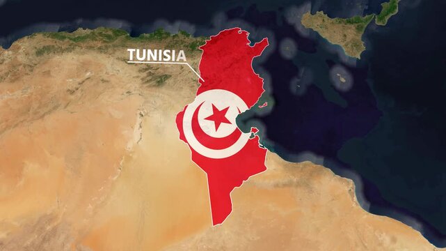 Zoom from Earth to Tunisia. (Country Flag) World map animation with highlighted country borders. Satellite 3d world map animation highlights aerial views, tourism, and travel. 4k