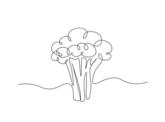 Fresh brocolli in single outline illustration. Continuous line art drawing of brocoli vegetable.