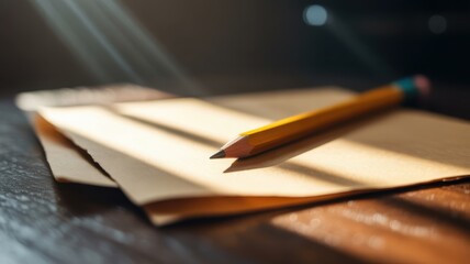 Fototapeta premium A pencil rests on paper illuminated by a beam of sunlight