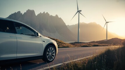 An electric car drives past windmills at sunset in the mountains