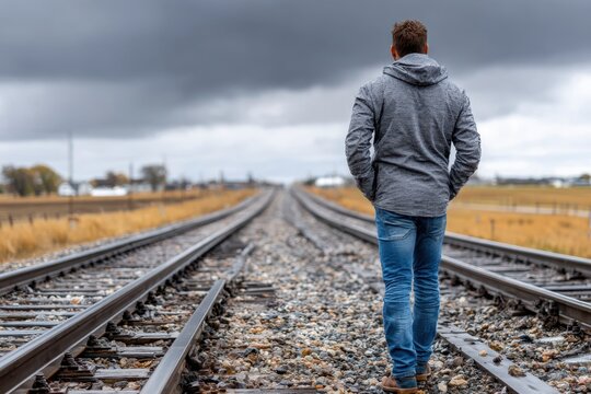 Man walking alone on railway tracks under cloudy sky in rural setting