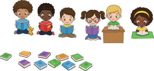 Diverse Children Reading Books in Classroom and Home Settings with Cute Expressions and Learning Lifestyle for Educational Use