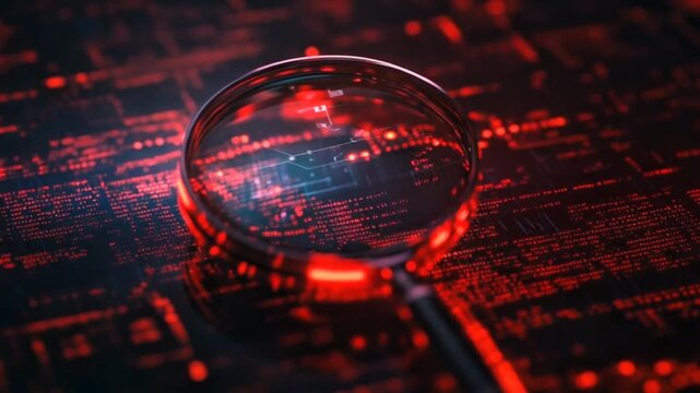 Analyzing Digital Data with Magnifying Glass on Red Tech Background