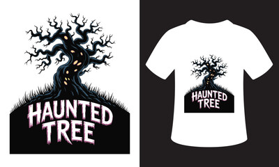 Spooky haunted tree illustration with halloween text on t shirt mockup