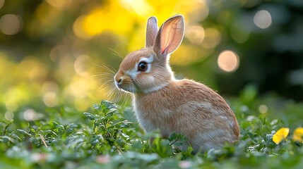 Fototapeta premium Cautious rabbit sniffing a new plant with curious explo n