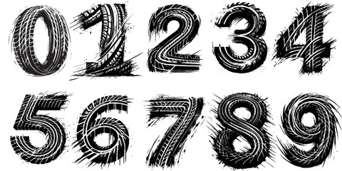 Numbers designed with grunge tire patterns, offering a unique artistic approach for creative projects. Perfect for automotive, branding, or modern concepts