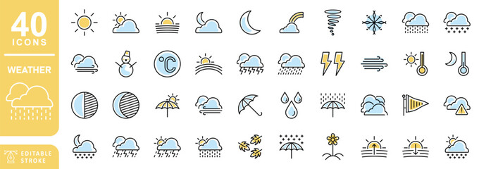 Weather line icon colored set. Editable stroke. The set contains icons: Sun, Moon, Cloud, Winter, Summer, Rain, Snow, Blizzard, Umbrella, Snowflake, Sunrise, Fall, Spring, Wind.