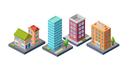 Isometric city buildings vector illustration of modern architecture cityscape with houses and skyscrapers
