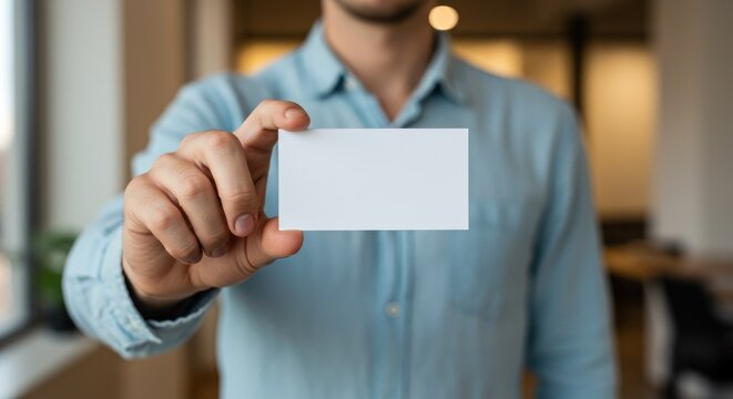 Man holding a blank white business card in front of him, indoors.