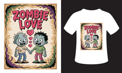 Cute cartoon zombies in love holding hands with hearts and text zombie love