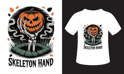 Fototapeta premium Spooky halloween skeleton hand emerging from pumpkin patch with jack o lantern face