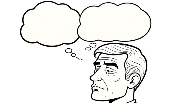 cartoon sulking man with thought bubble