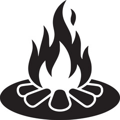 A black and white illustration of a campfire with logs and flames on a white background design art